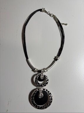 Silver and Black Double Circle Pendant Necklace - Women's Fashion Jewelry 18inc